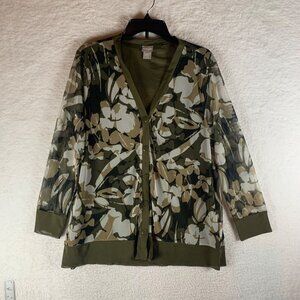 Chico's Women's Long Sleeve‎ Button Front Camo Floral Print Mesh Cardigan Size 2